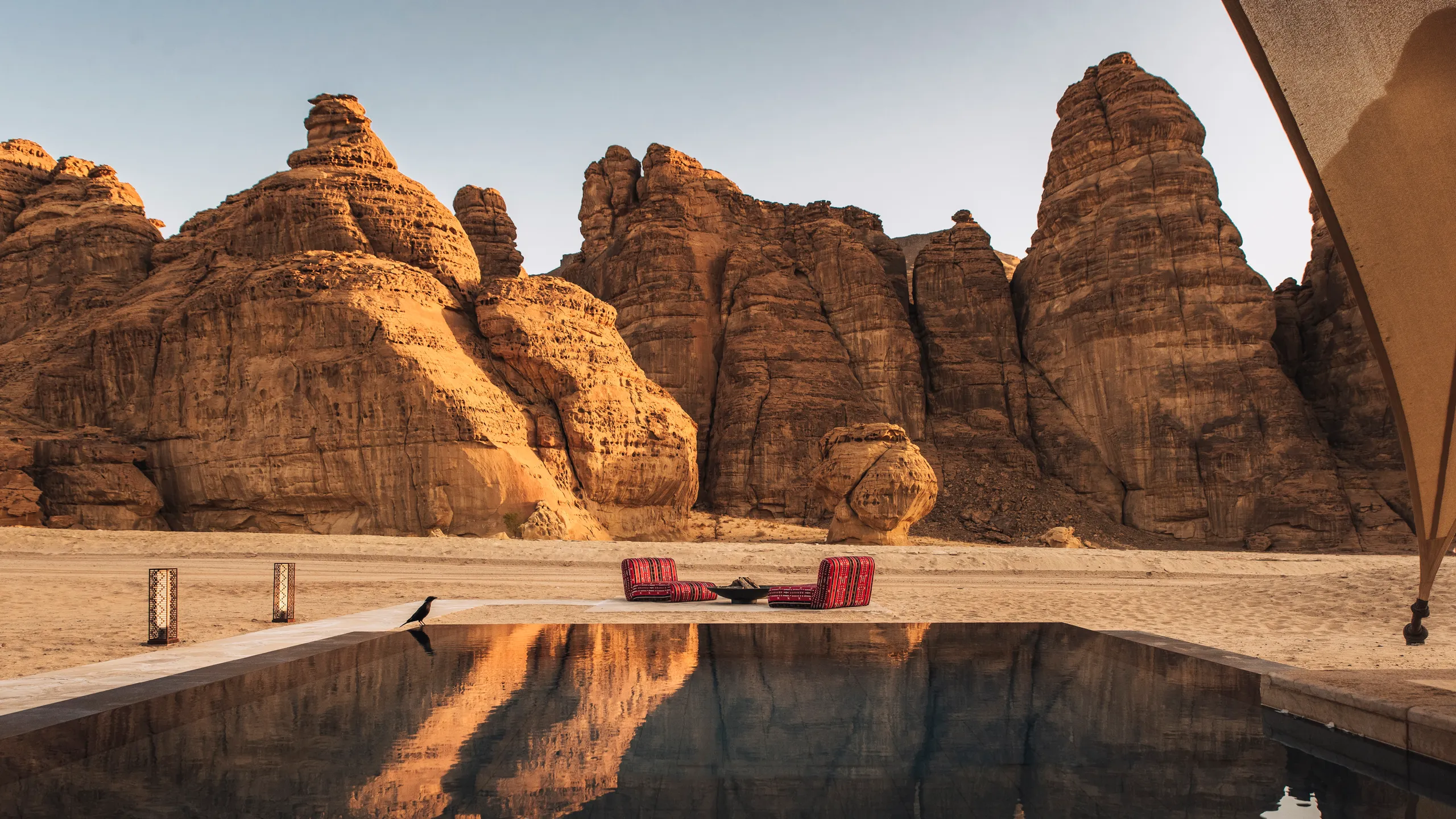 AlUla Saudi Arabia - Elephant Rock at night with traditional seating